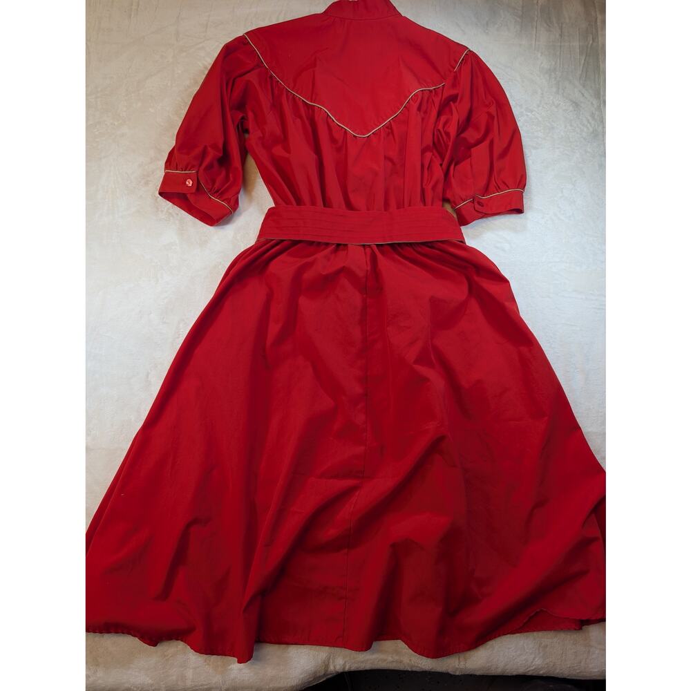Vintage Red Prairie Dress Puff Sleeve Belted Cotton Western Cottagecore USA 12 - Picture 3 of 7